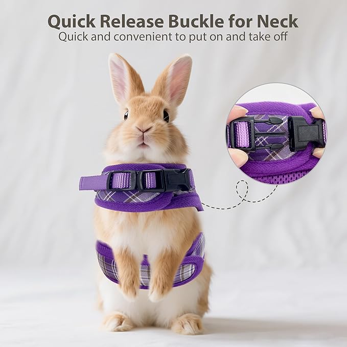 AIITLE Breathable Rabbit Harness and Leash Set - Plaid Pattern Padded Vest with Magic Tape Design, Dual D-Rings, Adjustable for Small Animal Pets, Indoor Outdoor Training Camping, Purple M