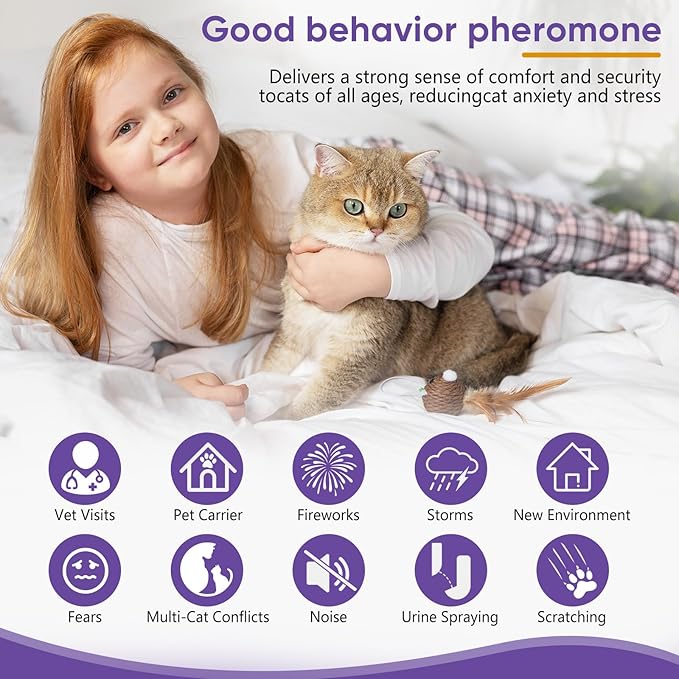 Cat Calming Pheromone Diffuser Kit – 2 Plug-Ins & 4 Refills (48ml), Cat Anxiety & Stress Relief, Multi Cat Calming Diffuser, Reduces Fighting, Spraying, Scratching & Aggression, Drug-Free for All Cats