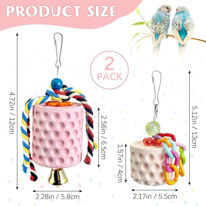 PINVNBY Bird Chewing Toys 2Pcs Bird Beak Grinding Stone Lava Calcium Block with Bell Hanging Parrot Chewing Toy Cage Accessories for Parakeets Conures Cockatiels Budgies Lovebirds