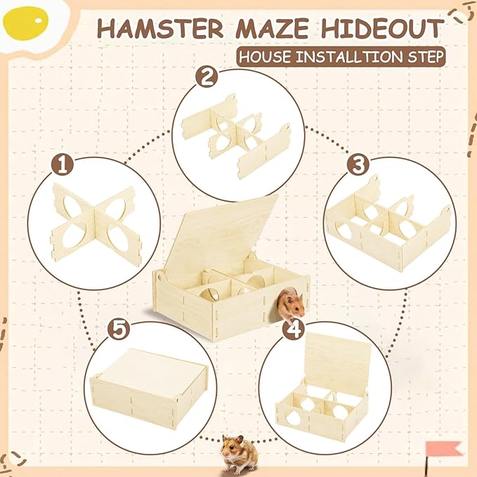 BreezeHug 4 Pcs Hamster Platform Hideout Wooden Tunnel Ladder Playhouse Hamster Game Climbing Toy with Platform Cage Accessories for Pets Dwarf Syrian Mice Degus Gerbils Squirrel(Castle)