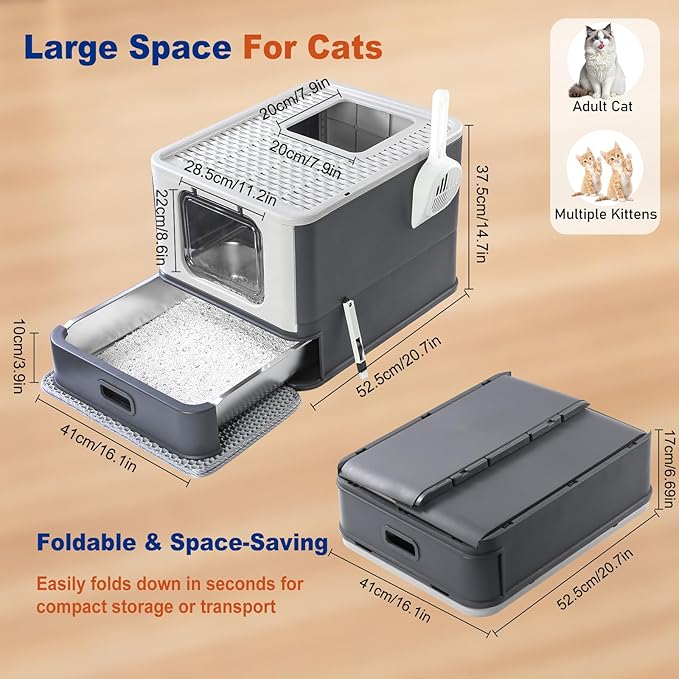 Marchul Stainless Steel Cat Litter Box with Lid & Drawer, Adjustable Front Entry Top Exit Kitty Box, Large Metal Covered Litter Box with Scoop & Litter Mat, Dark Gray