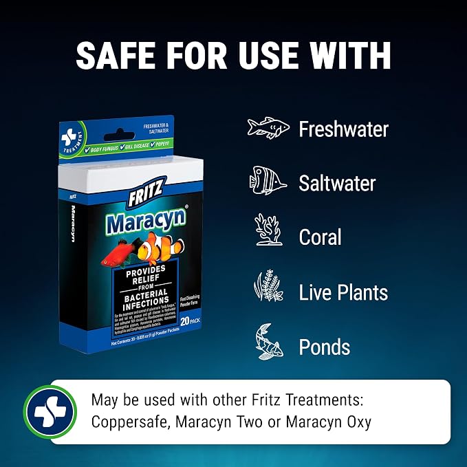 Fritz Maracyn - for Saltwater and Freshwater gram-Positive Relief from Bacterial gil, Popeye, More - Easy dose Packets, 20 Count