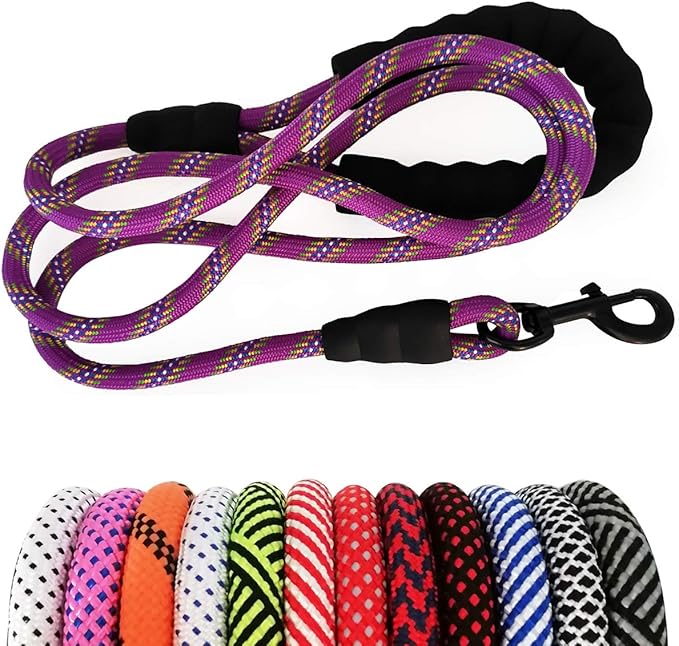 MayPaw Heavy Duty Rope Dog Leash, 3/4/5/6/7/8/10/12/15 FT Nylon Pet Leash, Soft Padded Handle Thick Lead Leashes for Large Medium Dogs (Purple, 1/2" * 8')
