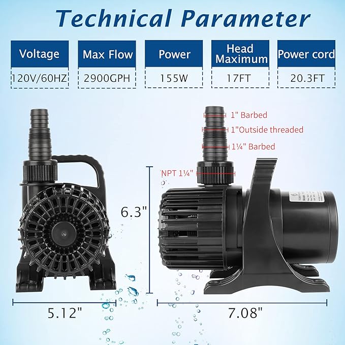 WaterRebirth (2900GPH-155W,UL listed) High Flow Large Fountain Submersible Water Pond Sump Pump Aquarium Electric Waterfall Pump Outdoor PS- 2900 (Pack of 2)