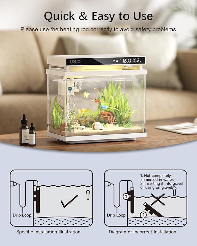 URUQ Small Aquarium Fish Tank Heater: 50W Submersible Aquarium Heater Adjustable Temperature Ultra-Low Water Level for Betta Fish Starter Kit - 5-10 Gallon Mini Aquarium