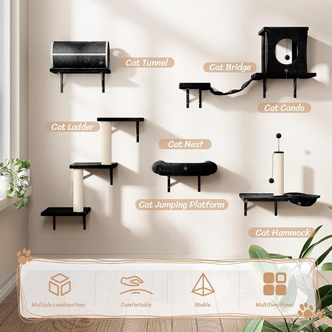 7-in-1 Cat Wall Shelves, Wall Mounted Cat Climber Set, Cat Furniture with House, Tunnel, Bridge, Steps, Scratcher, Hammock, Shelves for Indoor, Black