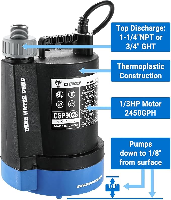 Submersible Utility Water Pump: 1/3HP 2450 GPH Sump Pump High-efficiency Motor Clean Water Removal Drain Pump for Swimming Pool Pond Garden Basement
