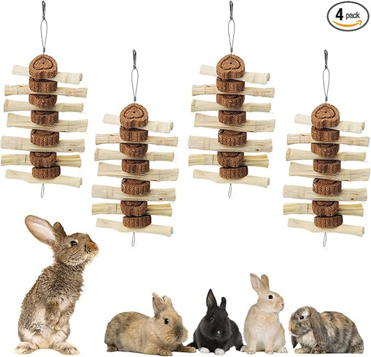 4 PCS Bunny Chew Toys for Grinding Teeth, Hanging Rabbit Snack Toy Natural Chinchilla Sweet Bamboo Sticks Carrot Cake Small Animal Treats String for Chinchilla, Guinea Pigs, Squirrel, Gerbil