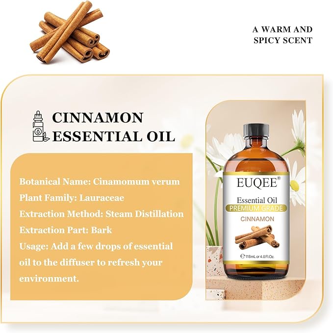 EUQEE Cinnamon Essential Oil 118ml Pure Essential Oil for Diffuser, Aromatherapy, DIY Soap, Candle Making - 4 Fl.Oz, Cinnamon,4 Fl Oz (Pack of 1)