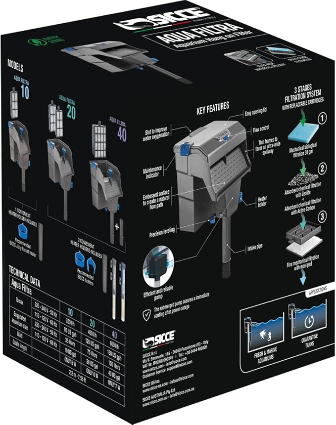 Sicce Aqua Filtra 40 Hang On Back Aquarium Fish Tank Power Filter Up to 40 Gallon Aquariums - Quiet 3-Stage HOB for Freshwater & Saltwater
