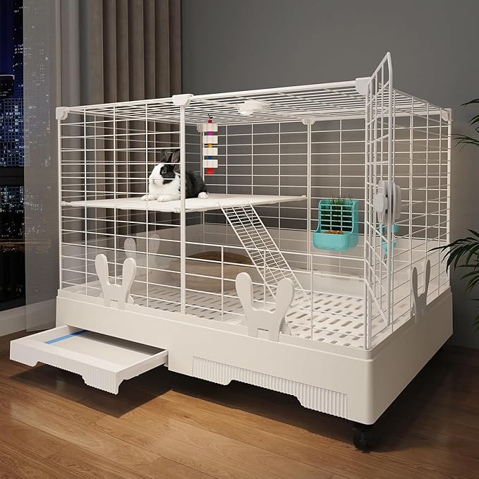 Oneluck Rabbit Cage Indoor,Loft Bunny Hutch with Urine-Proof Wall,Leak-Proof Trays, Wheels 28.7" L x 18.1" W x 25.6" H for Rabbits Chinchillas, Guinea Pig and Small Animal (Small)