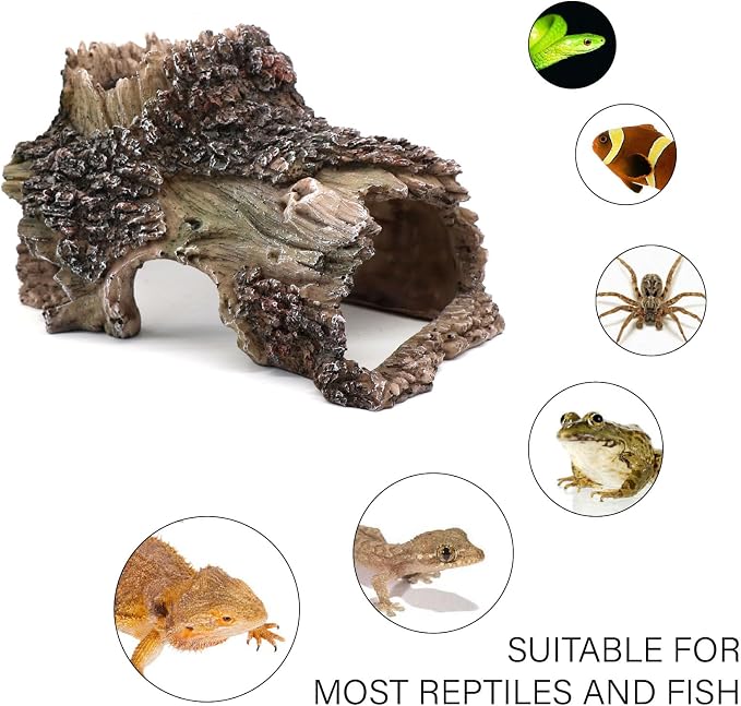 relaqcc Tree Trunk Cave Aquarium Decoration Reptile Cave Climb Hideout Hideaway, Betta Log Resin Wood House Fish Tank Decorations for Betta Fish, Shrimp, Lizards, Leopard Gecko