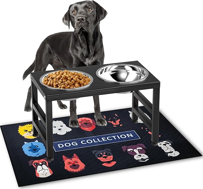 ADENGL Metal Raised Dog Bowl, 10" Tall Elevate Dog Feeder Stand with 2 Stainless Steel 42oz Bowls & 16x24 Non-Slip Mat – Stronger Dogs Food & Water Bowl Stand (Black)
