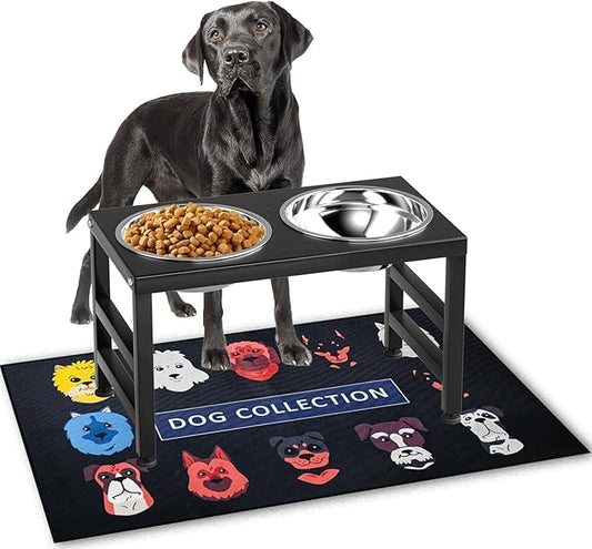 ADENGL Metal Raised Dog Bowl, 10" Tall Elevate Dog Feeder Stand with 2 Stainless Steel 42oz Bowls & 16x24 Non-Slip Mat – Stronger Dogs Food & Water Bowl Stand (Black)