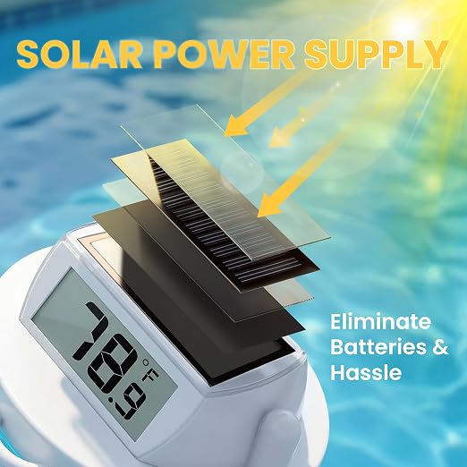 Pool Thermometer Floating, Digital Swimming Pool Thermometer, IPX8 Waterproof with Double Sided Display for Pond, Hot Tub, Aquarium (Solar Powered, White)