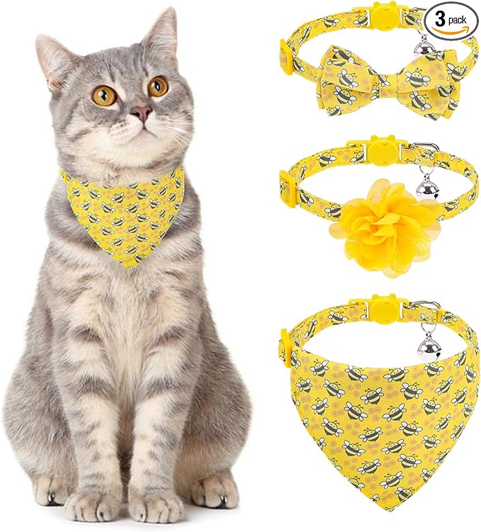 Breakaway Cat Collars with Bell & Cute Pendants - 3 Pack Adjustable Safety Kitten Collars - Decoration for Girl Boy Cats Puppy and Small Pets (Style C - Bee)