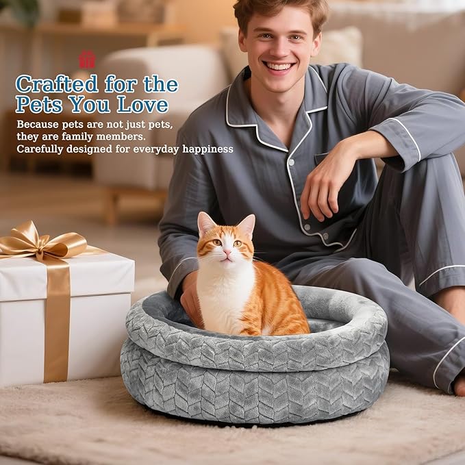 Dual-Layer Donut Cat Bed - Fluffy Round Bed for Small Pets - Ultra-Soft Cat Donut Bed for Cozy Sleep (Grey, 20 * 20 * 5.9 inch / 50 * 50 * 15 cm)
