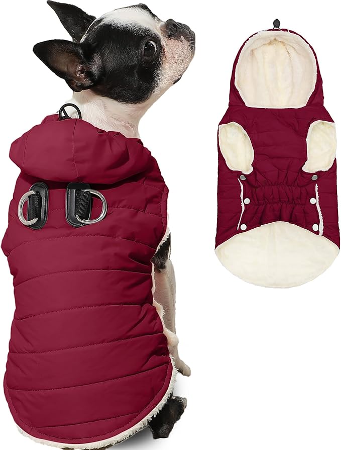 Vecomfy Fleece Lining Dog Hoodie with Harness Built in,Extra Warm Large Dog Jacket in Winter Doggie Coats with Drawstring Hooded,Red XXL