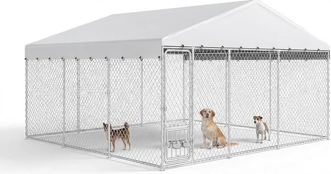 YITAHOME Outdoor Dog Kennel with Rotating Feeder Bowls & UV-Resistant Waterproof Cover, 14.8×14.8×7.9FT Outside Dog Enclosure for Yard, Heavy Duty Dogs Cage for Medium Large Dogs