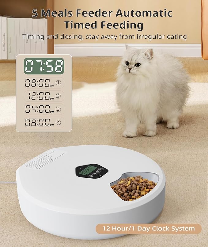 Automatic Wet Food Cat Feeder, Auto Timed Wet Cat Food Dispenser, 5 Meal Timed Programmable Pet Feeder with 2 Ice Packs for Kitten and Small Dog Food Dispenser, Dual Power & Easy to Clean