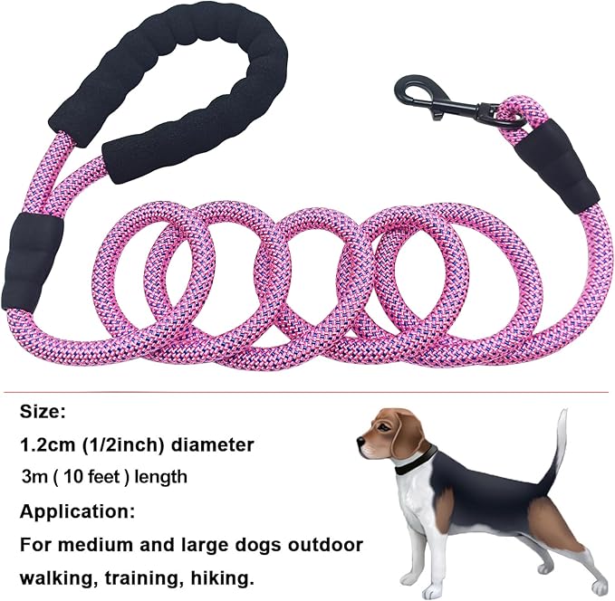 MayPaw Heavy Duty Rope Dog Leash, 6/8/10FT Nylon Pet Leash, Soft Padded Handle Thick Lead Leashes for Large Medium Dogs Walking Training Roaming (Pink-Blue dot, 1/2" * 10')