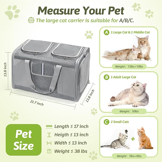 Sedioso Large Cat Carrier for 2 Cats, 21.7X 13.8X 13.8in Pet Carrier for Cat and Dog Up to 38lbs, All-Sided Mesh Cat Carriers with Great Ventilation, Portable Soft Sided Pet Carriers for Traveling