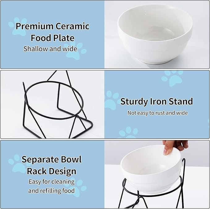 Elevated Cat Food Bowl,Ceramic Raised Water Bowl for Indoor Cats, 15°Tilted Metal Stand Anti Vomiting and Protect Spines,Whisker Fatigue Feeding Dishes,Non-slip and Dishwasher Safe