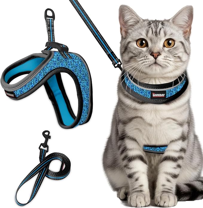 Cat Harness and Leash Set,Escape Proof Kitten Harness,Step in Adjustable Soft Lightweight,Easy Control,Reflective Strips Comfortable for Walking Travel(Blue/Black,M)