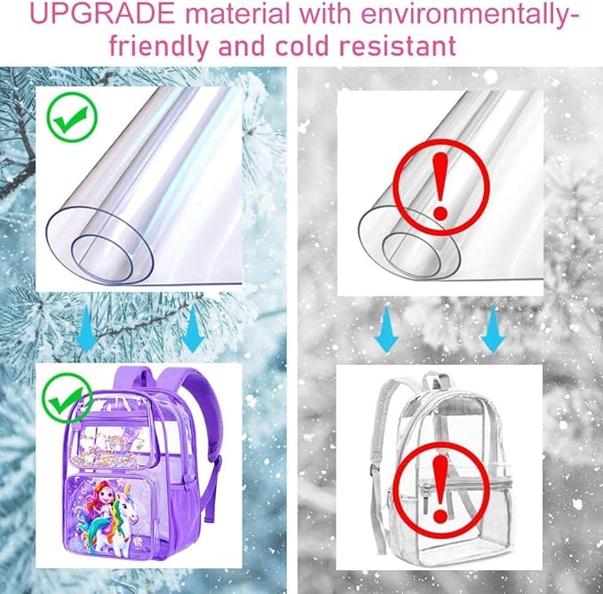 3Pcs Clear Backpack for girls, 16" Mermaid Unicorn Transparent Bookbag, Large See Through PVC School Backpacks with Lunch Box(Purple)