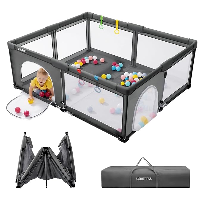 Foldable Baby Playpen, 1-Minute Setup, Lightweight Portable Playpen with Carry Bag, 59"x71" Indoor Outdoor Safty Play Yard for Babies & Toddlers, Dark Gray