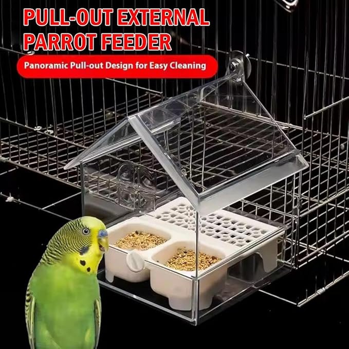 Pull-Out External Parrot Feeder,2025 New Multi-Function Hanging Mess-Free Bird Feeder,with Two Food Troughs, Pull-Out Design,Easy to Fill/Clean,Long-Lasting Outdoor Use for Finch and Hummingbird
