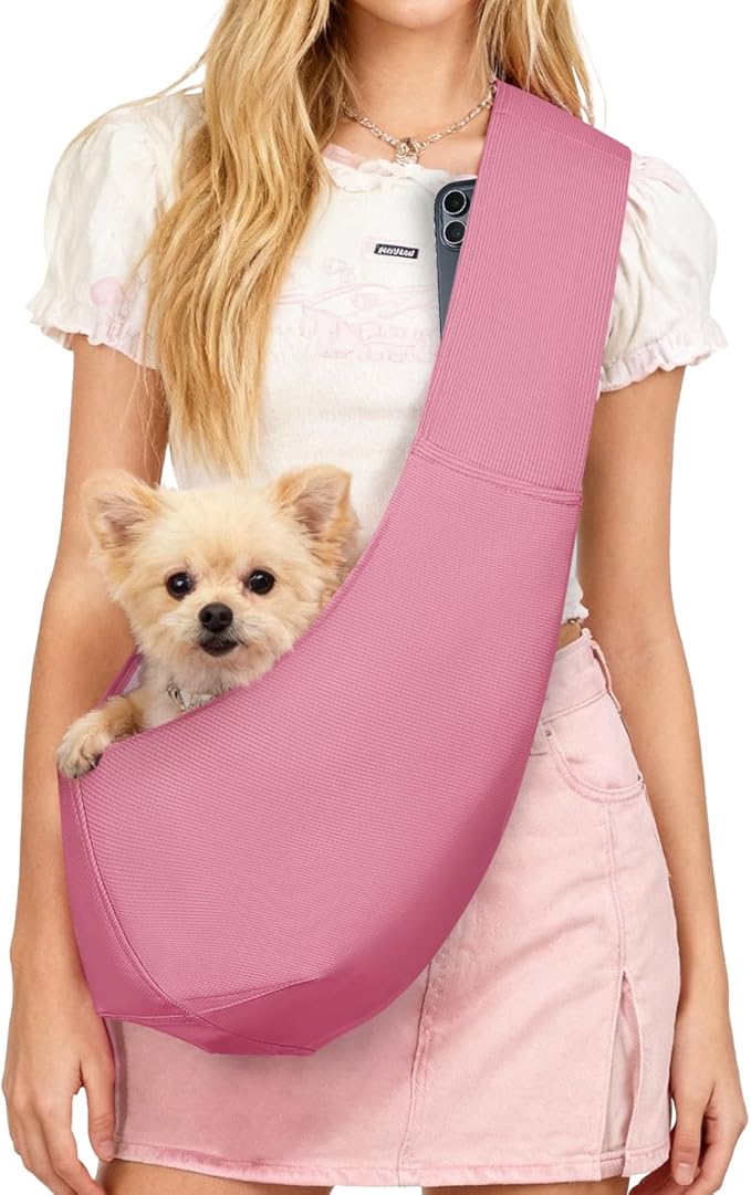 YUDODO Fashion Dog Sling Carrier for Small Dogs Lightweight Crossbody Pet Bag with Safety Strap, Pocket Storage, Machine Washable, Comfortable Travel & Outdoor Sling up to 9 lbs Pink