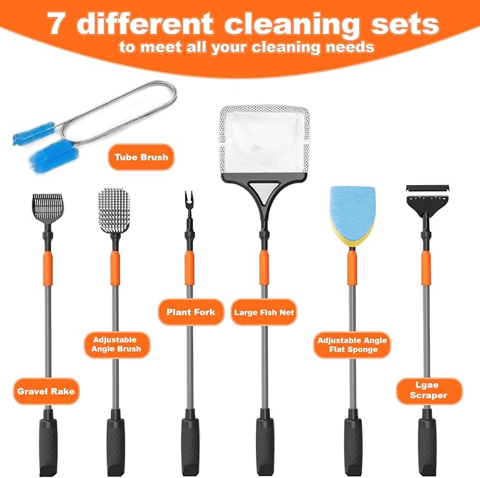 7-in-1 Aquarium Cleaning Tool, Fish Tank Cleaner with Telescopic Handle | Aquariums Scraper,Adjustable Angle Brush,Gravel Rake,Plant Fork, Flat Sponge,Large Fishes Net,Hose Brushes