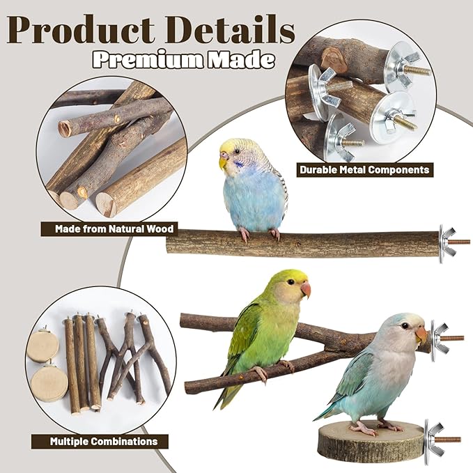 8 Pack Natural Wood Bird Perches, Parrot Perch Stand Bird Cage Accessories for Budgerigar Cockatiels, Conures, Lovebirds (L)