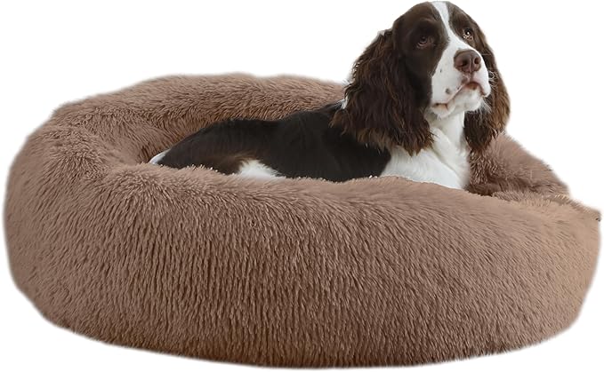 Bunlitent 30'' inch Calming Dog Bed, Plush Anti-Anxiety Donut Dog Bed for Small Medium Dogs, Warming Cozy Soft Cute Round Washable, Marshmallow Cuddler Nest Pet Bed, Brown