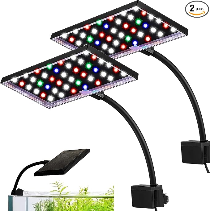 Rossesay 2 Pack Clip-on LED Aquarium Light for Plants, Full Spectrum Fish Tank Light with 42 Leds, 12w Dual Gooseneck, 360° Adjustable White Blue Red Green Leds, Fits 7-22 Inch Freshwater Planted Tank