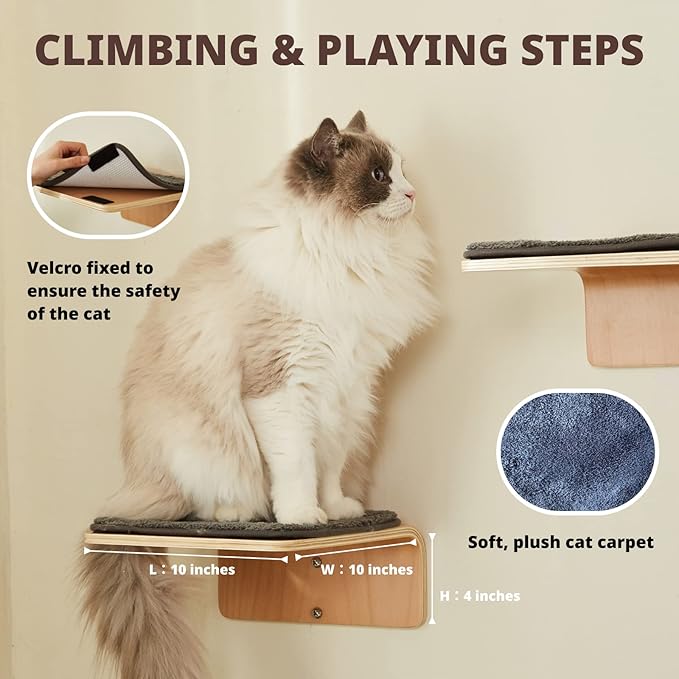LIORCE 2 Set Cat Wall Steps - Wooden Cat Climbing Shelf for Wall - Cats Wall Stairs with Scratching Mat - Wall Mounted Cats Furniture for Jumping, Playing, and Lounging