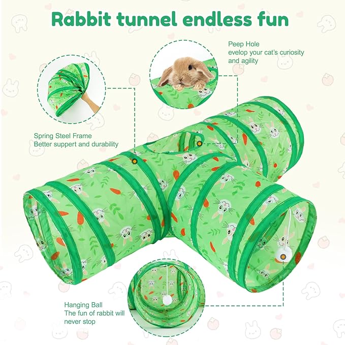BWOGUE Bunny Tunnels & Tubes Collapsible 3 Way Bunny Hideout Small Animal Activity Tunnel Toys for Dwarf Rabbits Guinea Pigs Kitty