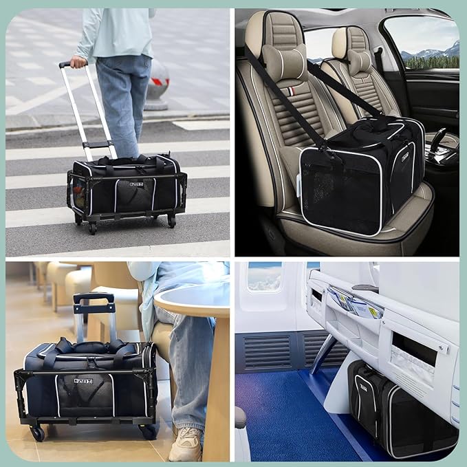 Petskd Small Pet Carrier with Wheels (17" L x 11" W x 9.5" H), Alaska Airlines Approved, Rolling Pet Carrier for Small Dogs & Cats (Black)