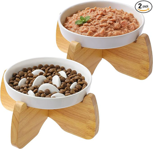 Raised Ceramic Cat Bowls 6.3" Flat & Slow Feeder Bowl (One of Each) | Anti-Gulping & Keep Fit, Water Bowl & Food Bowl, Dishwasher Safe, Neck Protective, Anti Whisker Fatigue