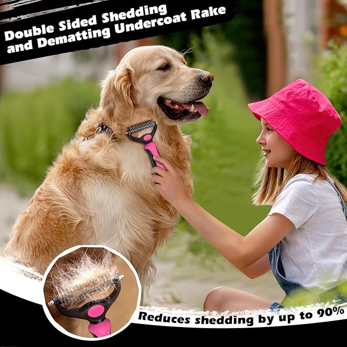 3PCS Self Cleaning Slicker Brush & Pet Grooming Rake & Flea Comb for Dogs,Cats and Horses | Double-Sided Dematting Comb & Skin Friendly Deshedding Grooming Tool (Red)