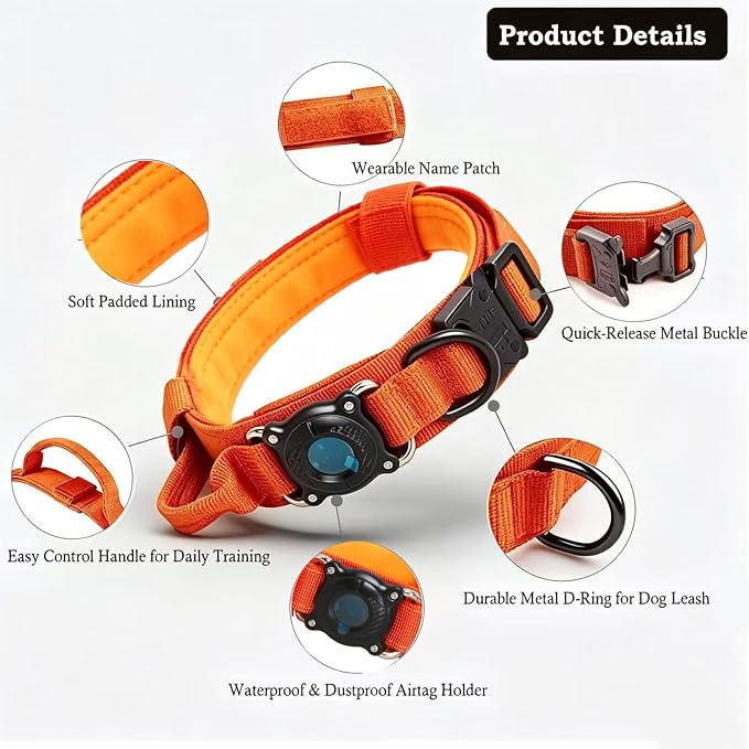 Upgraded AirTag Dog Collar,Waterproof Tactical Dog Collar with AirTag Holder, Control Handle and Metal Buckle,Heavy Duty Dog Collars for Large Dogs(Orange，M