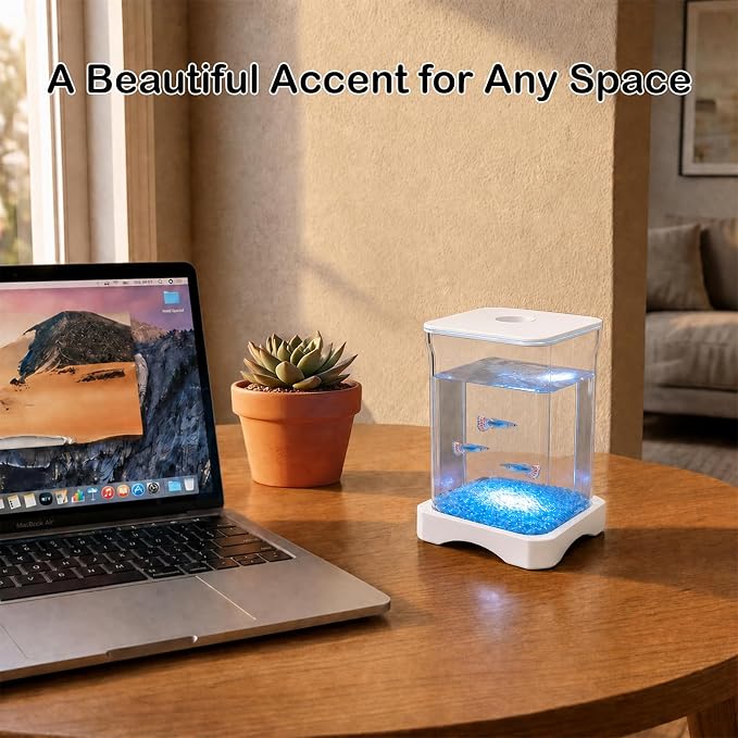 0.5 Gallon Betta Fish Tank Aquarium Starter Kit with Light and Lid(White) | Premium Acrylic Aquarium with Light and Lid, Crystal Clear Starter Kit for Betta Fish, Shrimp, Snails and Small Fish