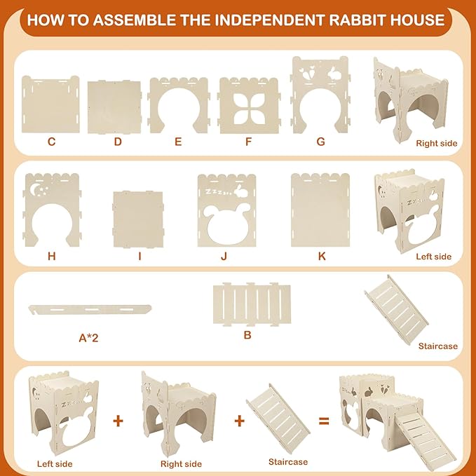 Large Rabbit Castle, Wooden Bunny House,Detachable Rabbit Hideaway, Indoor Hamster Castle with Ramp, Small Animal Houses & Habitats for Guinea Pig Chinchilla Ferret(2 House)