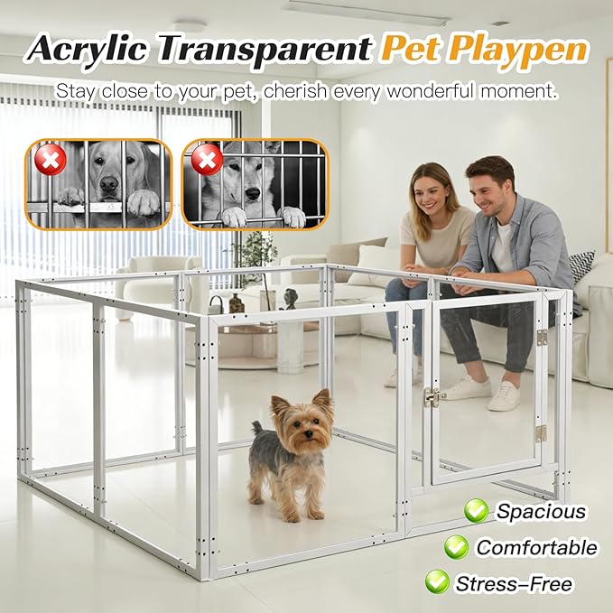 Clear Acrylic Dog Playpen with Door,Puppy Fence Indoors H:24" 8-Panel can be DIY Expanded + Splicing Height Design for Puppies/Small Dogs,White Dog Enclosure (Metal + Acrylic Material)