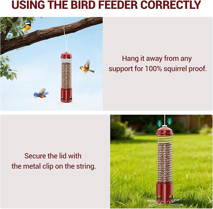 Squirrel Proof Bird Feeder, Metal Bird Feeders for Outdoors Hanging, 3.6LB Large Seeds Capacity for Wild Birds, Finch, Cardinal, Blue Jay, Chickadee, Red