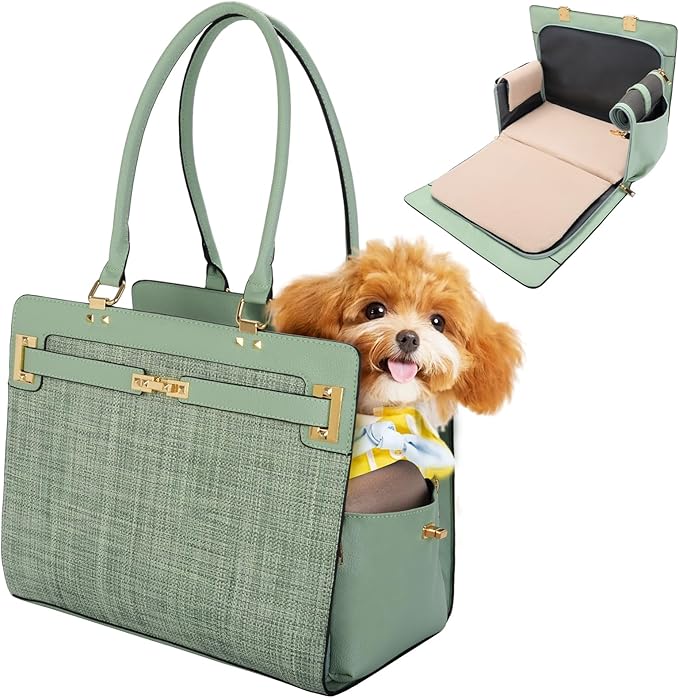 2-in-1 Stylish Dog Purse Carrier Soft-Sided Carriers Travel Tote Bag for Small Dogs Cats, Fashion Foldable Pet Bag for Puppies Small Animals with Pockets (Green, 15" L x 7.5" W x 12.2" H)