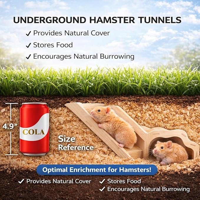 Small Size Hamster Explorer Set - Snap-Together Wooden Burrow with Panoramic Window, Natural Chew-Safe Design & Underground Activity Viewer for Cage Enrichment