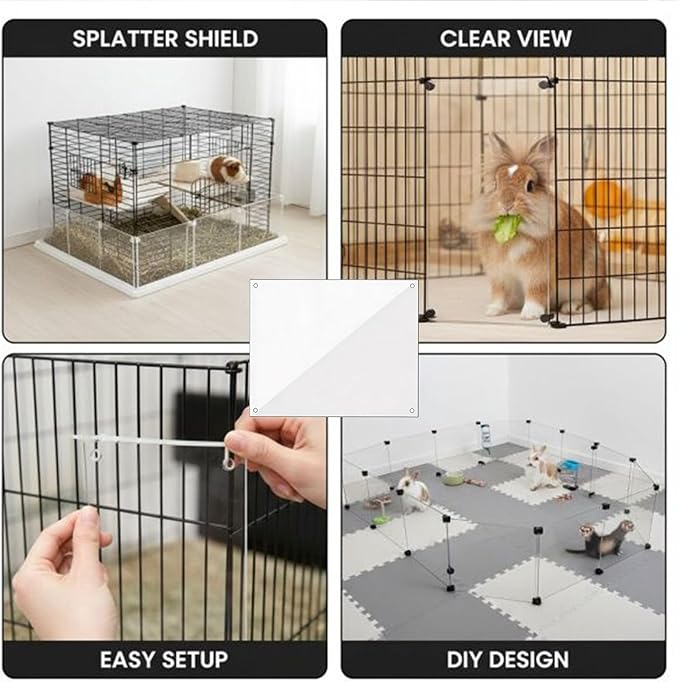 12 Pcs Clear Plastic Cage Guard Panels, 10 x 8.2 in Pet Habitat Siding, Splatter Anti-Splash Fence Dividers with 100 Zip Ties for Rabbit Cages, Guinea Pig Enclosures, Small Animal Protection