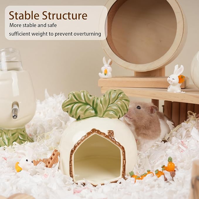 Ceramic Hamster Hideout, Hamster House and Habitat, Syrian Hamster Hideout Decor Cool Bed for All Season Gerbil, Mice Guinea Pig (White, Carrot)